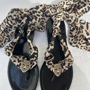 INC International Concepts Leopard Print Ankle Tie Jelly Sandals Black Gold 6